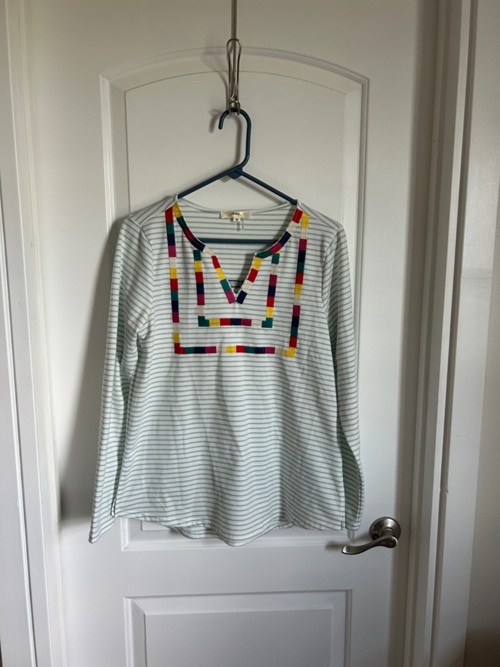 Andree Mint and White Striped Top with Multicolor Neck Trim